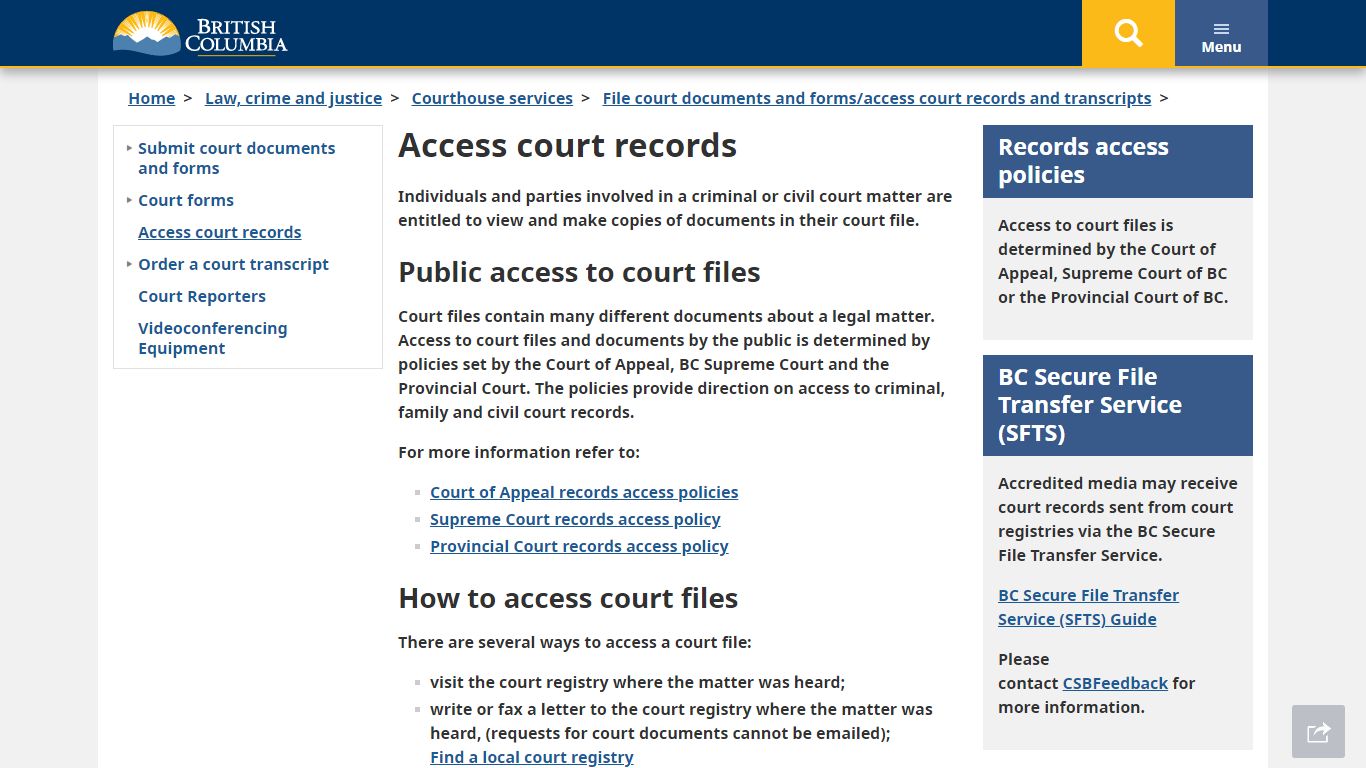 Access court records - Province of British Columbia