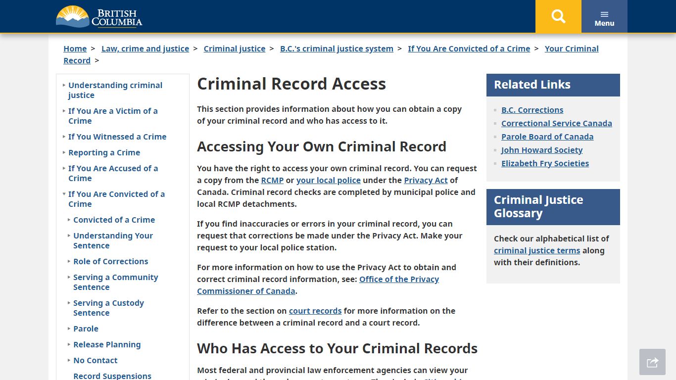 Criminal Record Access - Province of British Columbia