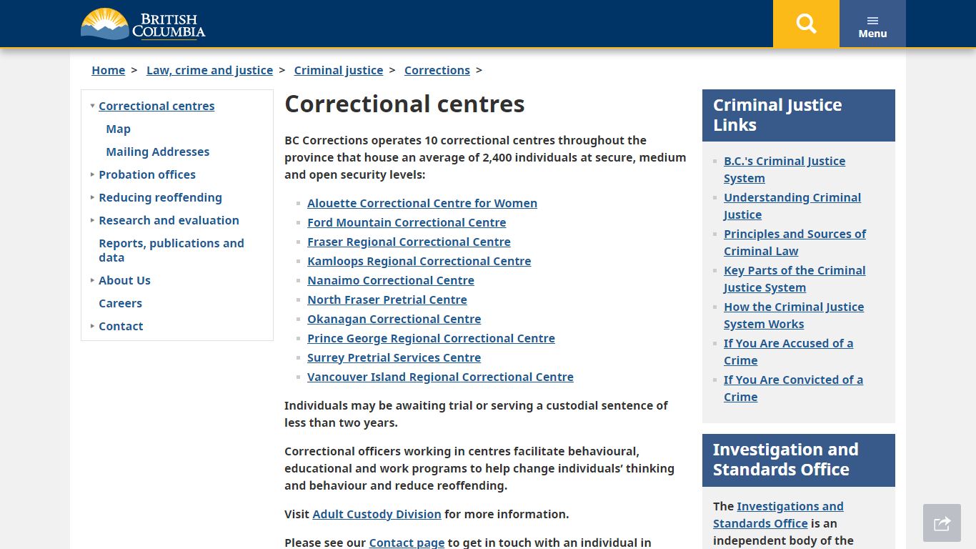 Correctional centres - Province of British Columbia